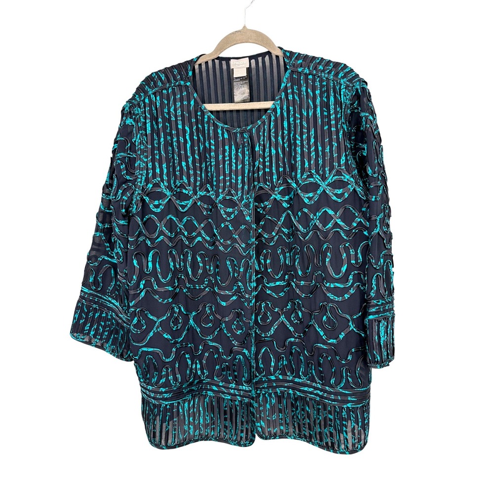 Chico's Travelers Jacket Women 20/22 Teal Navy Sheer Cardigan Artsy Eclectic